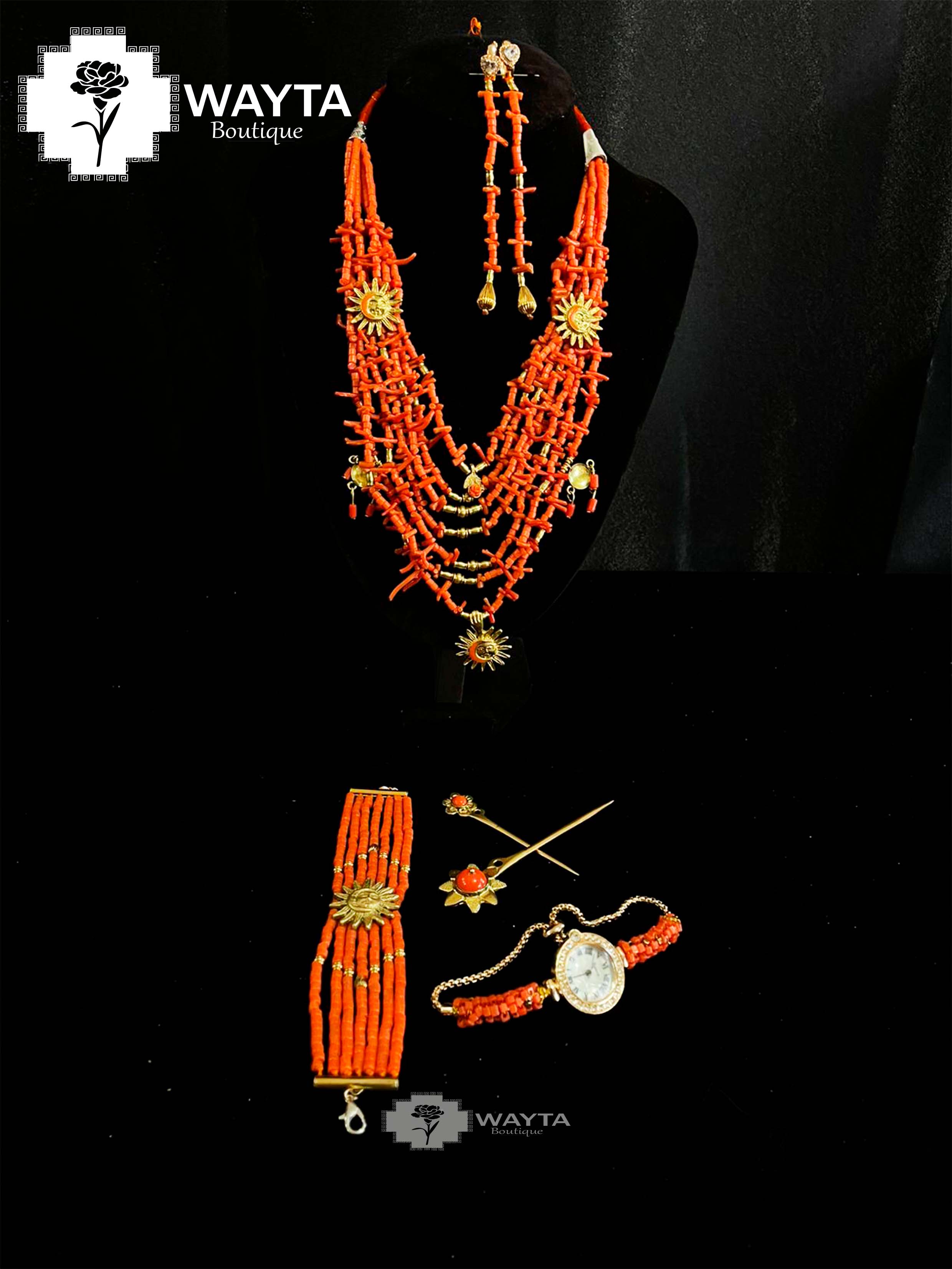 JUEGO ARTESANAL COMPLETO EN CACHO CORAL CON DETALLES DE BRONCE ✨❤️
