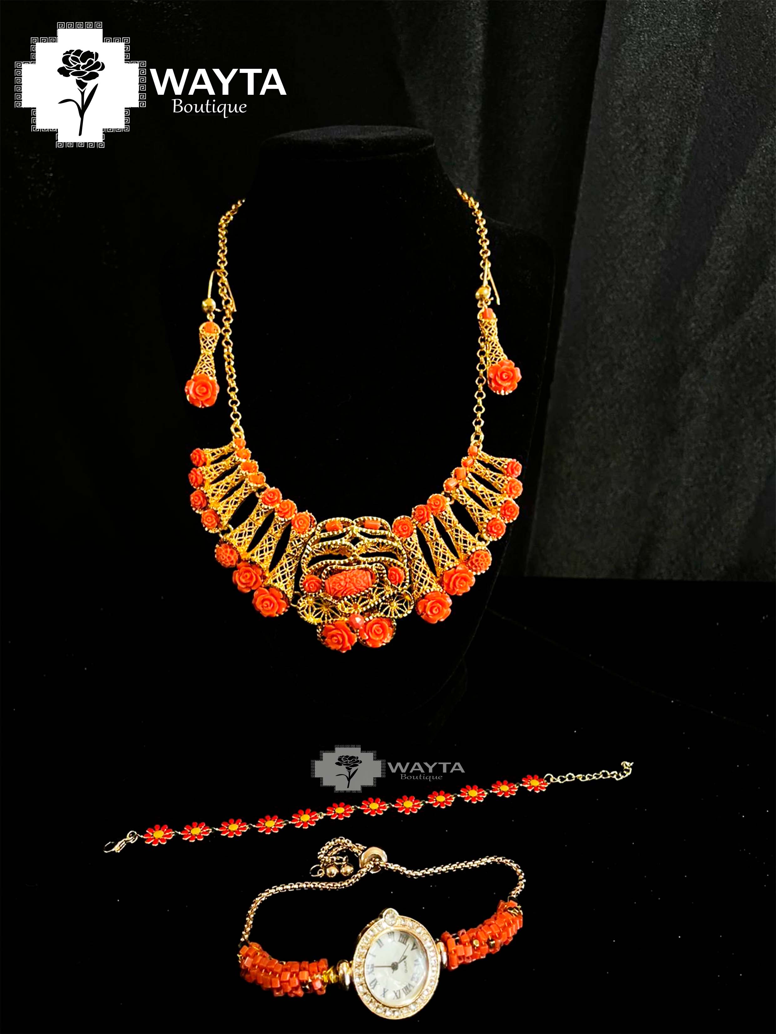 COLLAR CON DECORACIÓN DE ROSAS CORAL MÁS RELOJ MANILLA 🌹✨